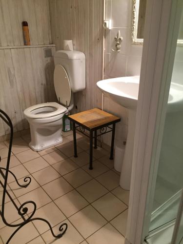 La salle de bains est pourvue de toilettes, d'un lavabo et d'une table. dans l'établissement Villa L'autre vie Là, à La Bourboule