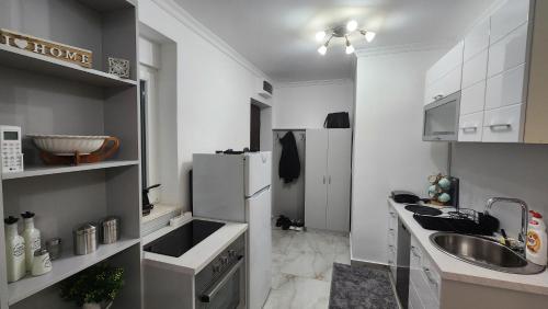 a small kitchen with a sink and a refrigerator at City Center Relax Podgorica in Podgorica