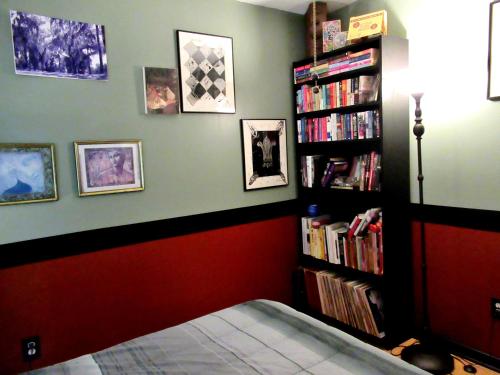 a bedroom with a book shelf filled with books at Eric and Nancy's Boutique Bed and Breakfast in Tampa
