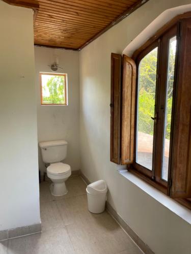 a bathroom with a toilet and a window at AMPLIO LOFT con PISCINA in Curicó
