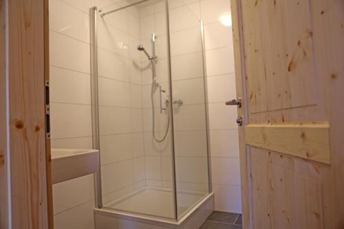 a shower with a glass door in a bathroom at Der Ulmenhof in Gosau