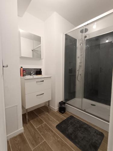 une salle de bain blanche avec une douche et un lavabo dans l'établissement Fontaine belle eau, à Fontainebleau