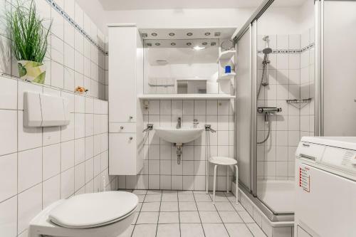 a bathroom with a toilet and a sink and a shower at Ferienwohnung Nordlicht in Greetsiel