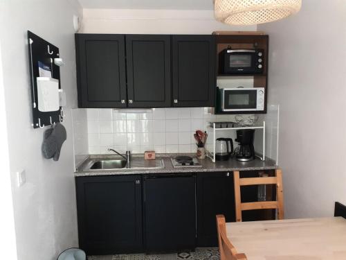 - une cuisine avec des placards noirs et un évier dans l'établissement Chalet du Thabor - 2 Pièces pour 4 Personnes MAE-5011, à Modane