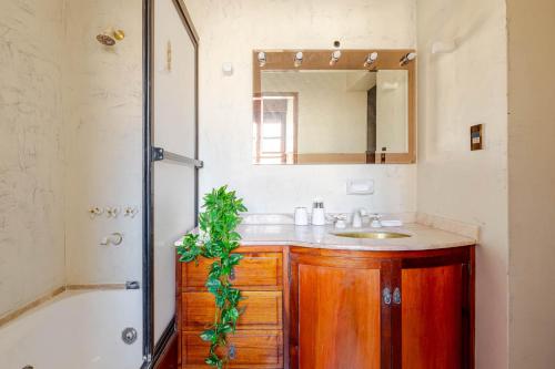 a bathroom with a sink and a mirror and a tub at Fliphaus Wine Country - 9 Bd 22pax Pool Jacuzzi in Godoy Cruz