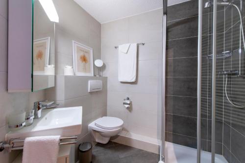a bathroom with a shower and a toilet and a sink at No 8 Bed & Bar in Verbier