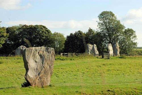 a large rock in a field with grass and trees at B&B Dorwyn Manor in Avebury