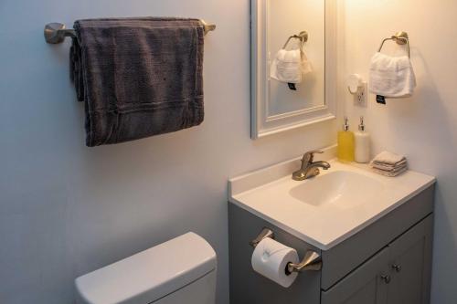 a bathroom with a sink and a toilet and a mirror at Home with Hot Tub, Playset and Grills in Clarksville! in Clarksville