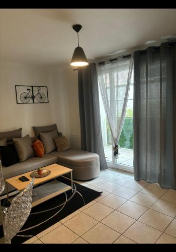 un salon avec un canapé et une table dans l'établissement T2 cosy tout équipé à deux pas de la gare de annemasse, à Ville-la-Grand