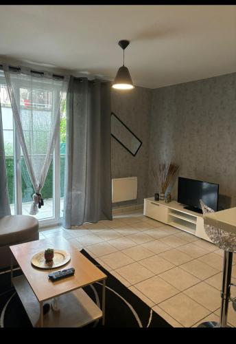 un salon avec une télévision et une table dans l'établissement T2 cosy tout équipé à deux pas de la gare de annemasse, à Ville-la-Grand