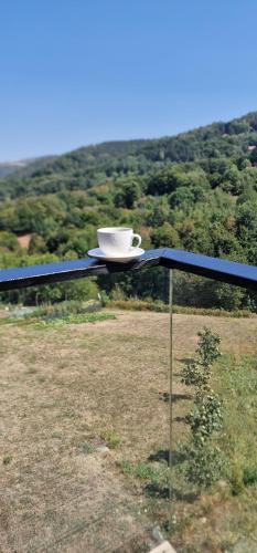 a coffee cup sitting on top of a table at Porta Bungalows in Rudnik Kačerski