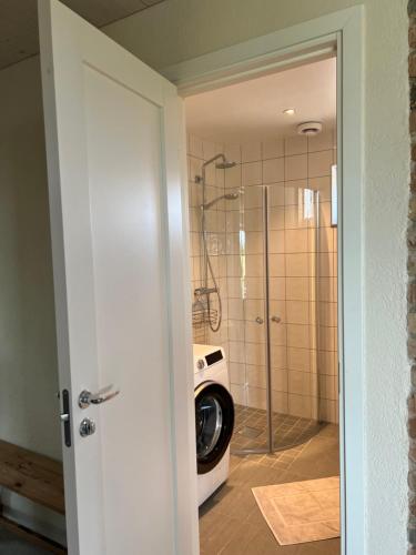 a bathroom with a washing machine in a shower at Lovely Home With Sauna in Svalöv
