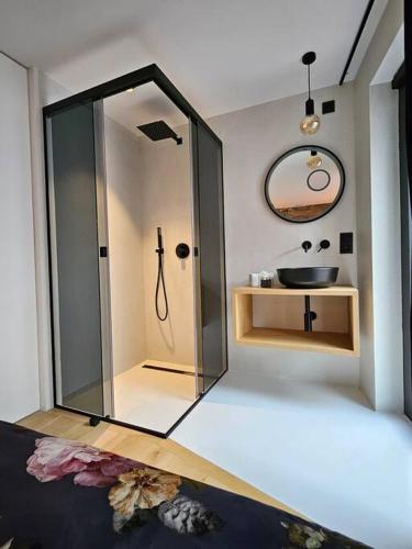 a bathroom with a glass shower and a sink at Gite Urbain de qualité in Marche-en-Famenne