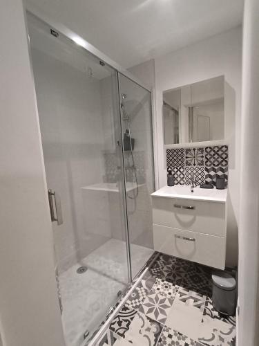 a white bathroom with a shower and a sink at Jardin Saint Merry in Fontainebleau