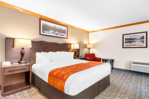 a hotel room with a large bed and a chair at Best Western Rocky Mountain Lodge in Whitefish