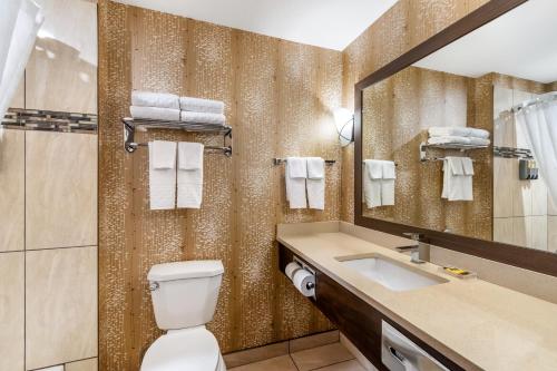 a bathroom with a toilet and a sink and a mirror at Best Western Plus Kindersley Hotel in Kindersley