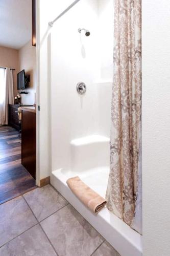 パームデザートにあるPrivate Casita in the Heart of Palm Desertのシャワーとバスタブ付きのバスルーム