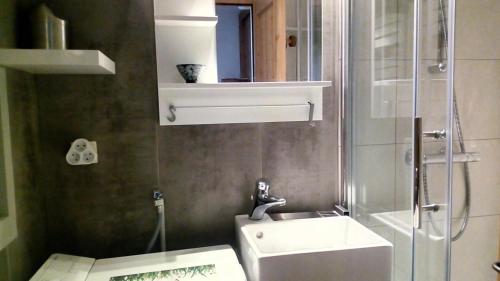 une petite salle de bain avec un lavabo et une douche dans l'établissement Résidence Evons - Studio rénové · Au pied des pistes · Balcon · Wifi MAE-2464, aux Menuires