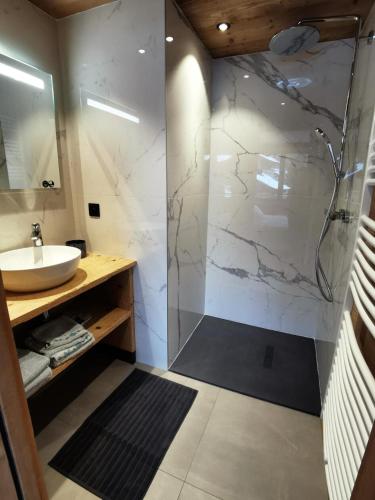 une salle de bain avec un lavabo et une douche en verre dans l'établissement Résidence OrÉe Des Pistes - Appartement ski aux pieds au centre de la station ! MAE-2371, aux Gets