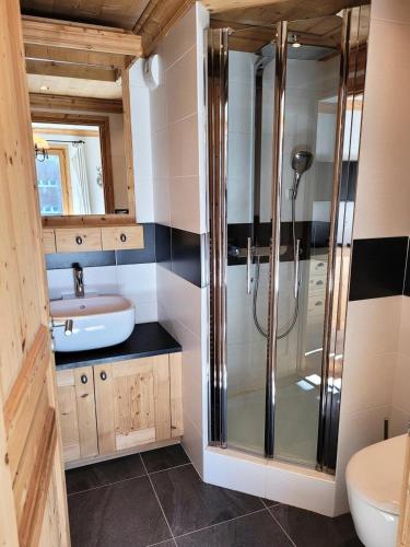une salle de bain avec douche et lavabo dans l'établissement Résidence Mont Chery - Appartement tres lumineux, beaux volumes, haut standing MAE-2501, aux Gets