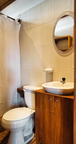 a bathroom with a toilet and a sink and a mirror at Cabaña de la Tortuga Gigante in Bellavista