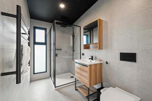 a bathroom with a sink and a shower and a toilet at The Outlook on Mount Louis - Stunning Views in Tinderbox