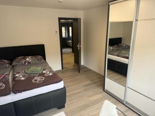 a bedroom with a bed and a mirror at Vila Tanvald s wellness a wallboxem in Tanvald