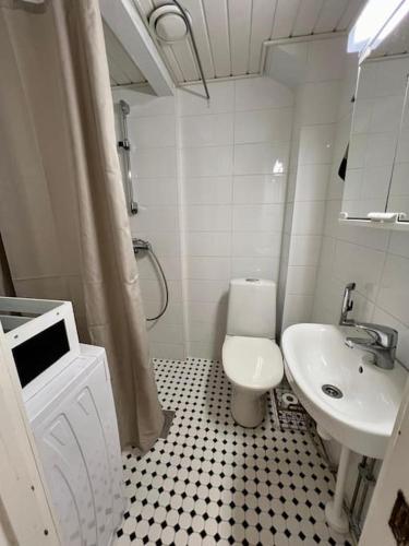 a small bathroom with a toilet and a sink at Valoisa läpitalon kaksio in Porvoo