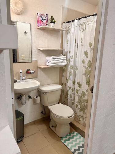 a small bathroom with a toilet and a sink at Depa con alberca en privada in Cancún