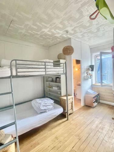 une chambre avec deux lits superposés et une échelle dans l'établissement Hyper centre dans ancien palace face aux thermes, à Mont-Dore