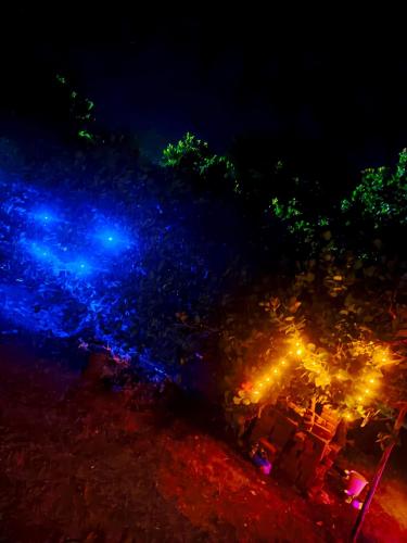 an aerial view of lights at night at Boomerang community in Auroville