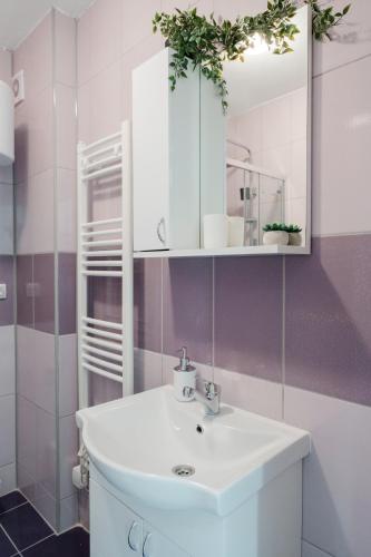 a bathroom with a white sink and a mirror at Studio Compact in Doboj