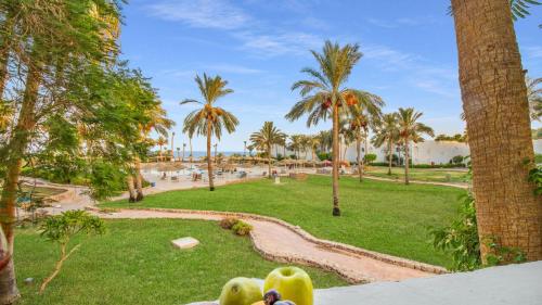 a view of a park with palm trees and the ocean at Domina Coral Bay Resort, Diving , Spa & Casino in Sharm El Sheikh