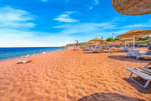 a beach with chairs and umbrellas and the ocean at Domina Coral Bay Resort, Diving , Spa & Casino in Sharm El Sheikh