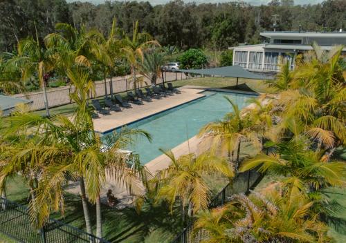 an overhead view of a swimming pool with palm trees at Byron Yoga Centre in Byron Bay