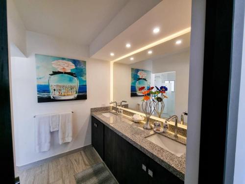 a bathroom with a sink and a large mirror at Unit 216-Casa Ricardo-Ocean View RENOVATED in Cabo San Lucas