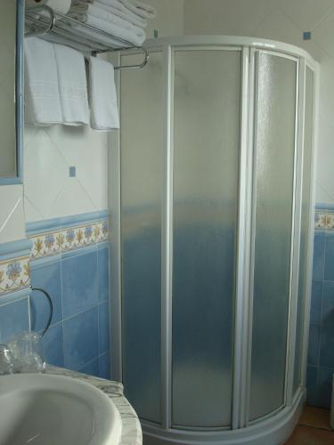 a bathroom with a shower and a sink at Hotel Restaurante El Duque in Medina Sidonia