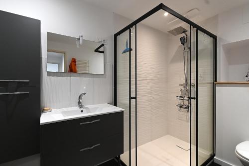 une salle de bain avec un lavabo et une douche dans l'établissement Les Vents de Gironde - Maison en pierre piscine, à Chenac Saint Seurin D'uzet