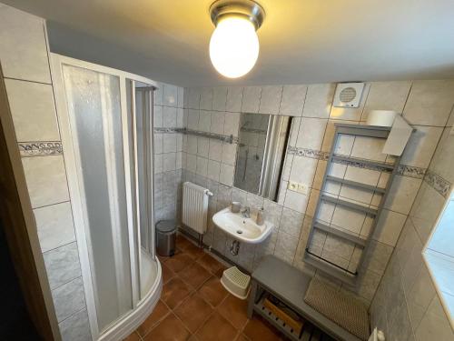 a bathroom with a sink and a toilet and a mirror at Chata Betty Kvilda in Kvilda