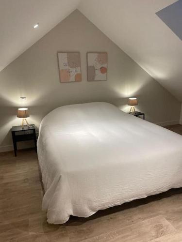 une chambre avec un grand lit blanc avec deux lampes dans l'établissement Appartement plein centre, garage recharge voiture, à Langres