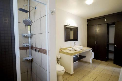 a bathroom with a toilet and a sink at Casa Del Agua Tepeji in Presa Requena