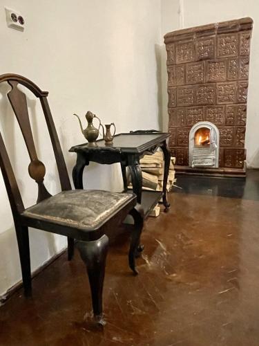 a table and a chair with a fireplace in a room at Vlads Place in Dămieni