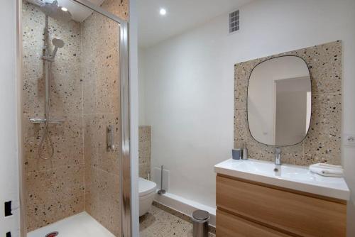 une salle de bain avec une douche, un lavabo et un miroir dans l'établissement Appartement Marseille VIEUX PORT, à Marseille