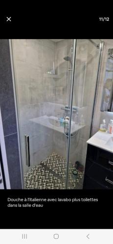 une douche avec une porte vitrée dans une salle de bain dans l'établissement APT 2 chambres vue exceptionnelle, à Tiuccia