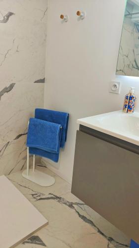 La salle de bains est pourvue d'un lavabo et d'une serviette bleue sur un tabouret. dans l'établissement Blanche-Neige CLIM Ile Verte proche Hôpital, à Grenoble