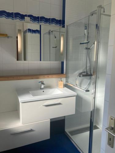 une salle de bain blanche avec un lavabo et une douche dans l'établissement Gite de l'allée Arras Dainville, à Dainville