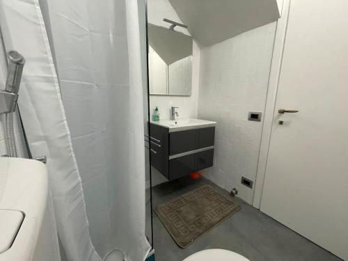 ein weißes Badezimmer mit Waschbecken und Dusche in der Unterkunft Elegante nel Centro Storico del Monferrato in Casale Monferrato