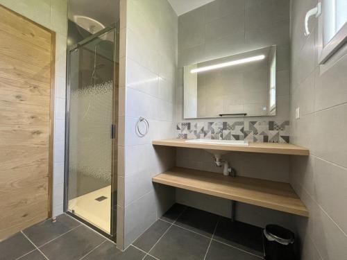 Un baño con ducha, lavabo y espejo. en Menta, en Irouléguy