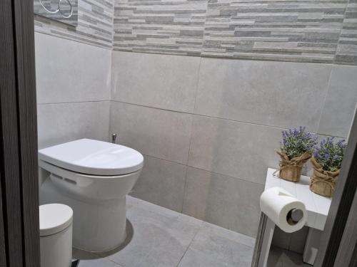 a bathroom with a white toilet in a room at Casa La Buena Vida in San Juan de los Terreros