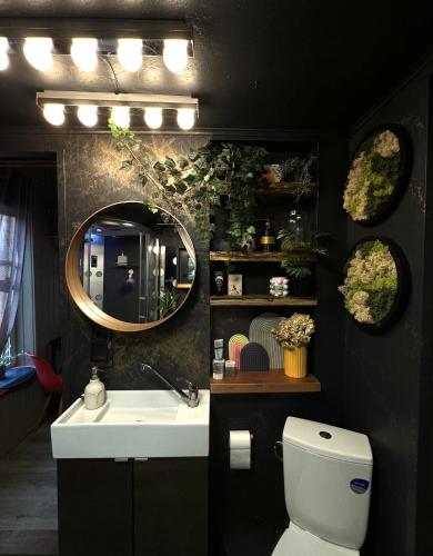 a bathroom with a sink and a mirror and a toilet at Amazing little house on an island with garden in Rīga